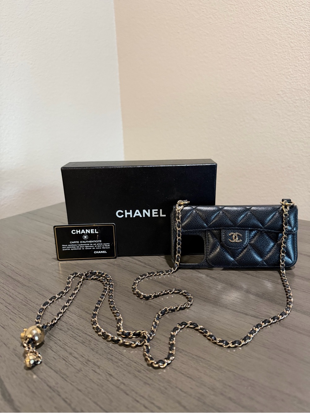 Chanel Quilted Caviar Leather Case with Gold Hardware Chain
